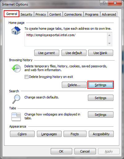 Internet Options Settings